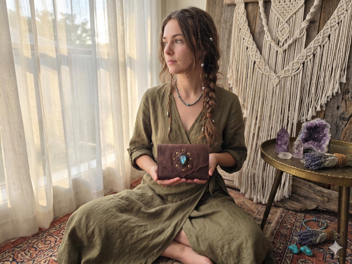 Large Leather Wallet Women with Labradorite Stone, Boho Leather Clutch, Unique Womens Wallet, Handmade Leather Purse, Healing Crystals