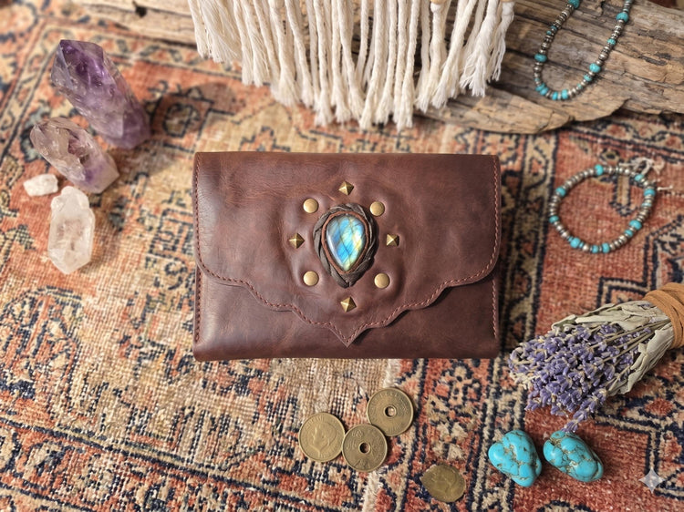 Large Leather Wallet Women with Labradorite Stone, Boho Leather Clutch, Unique Womens Wallet, Handmade Leather Purse, Healing Crystals