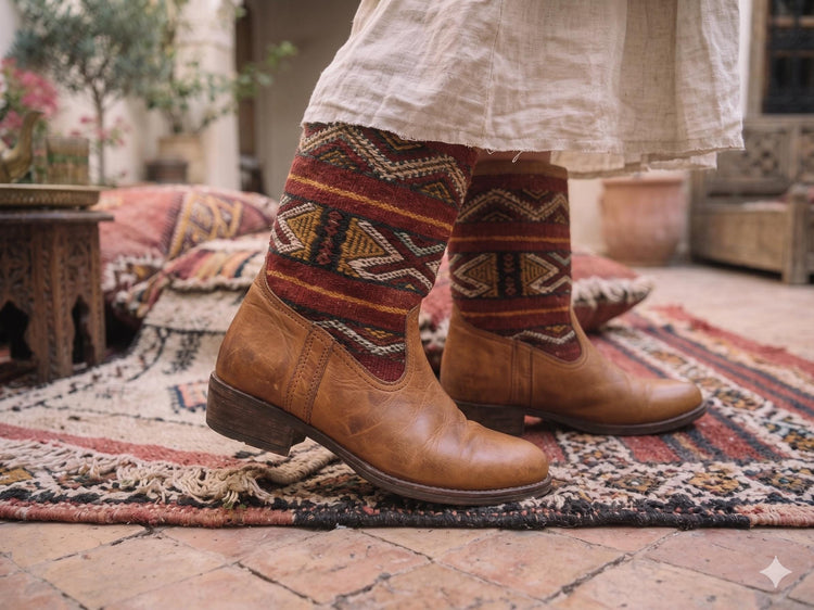 Moroccan Kilim Rug Western Boots UK 7, Tan Leather Booties 41, Upcycled Vintage Aztec Carpet, Festival Hippie Shoes Women