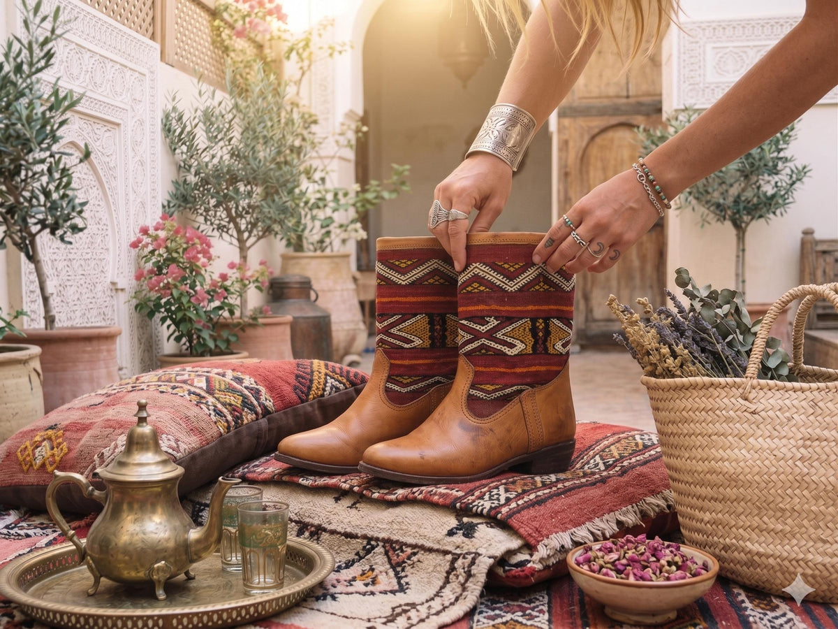 Moroccan Kilim Rug Western Boots UK 7, Tan Leather Booties 41, Upcycled Vintage Aztec Carpet, Festival Hippie Shoes Women