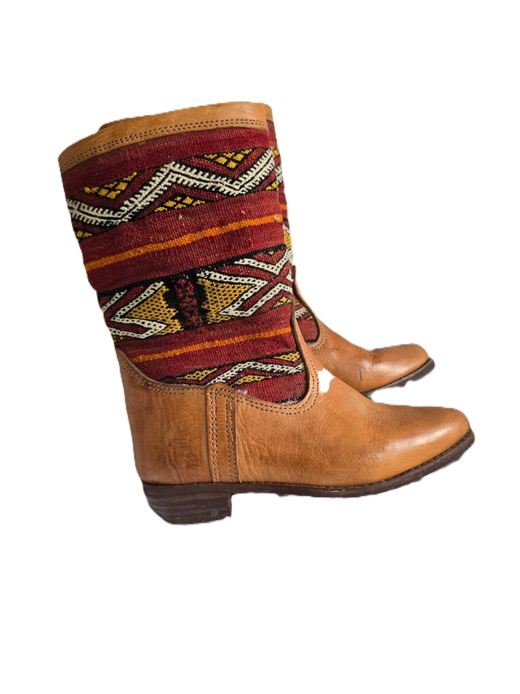Moroccan Kilim Rug Western Boots UK 7, Tan Leather Booties 41, Upcycled Vintage Aztec Carpet, Festival Hippie Shoes Women