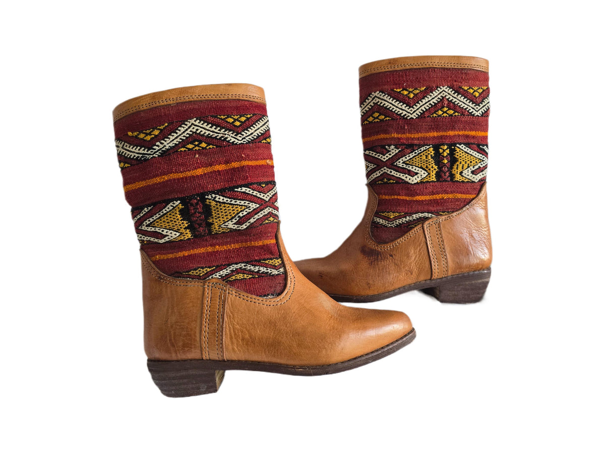 Moroccan Kilim Rug Western Boots UK 7, Tan Leather Booties 41, Upcycled Vintage Aztec Carpet, Festival Hippie Shoes Women