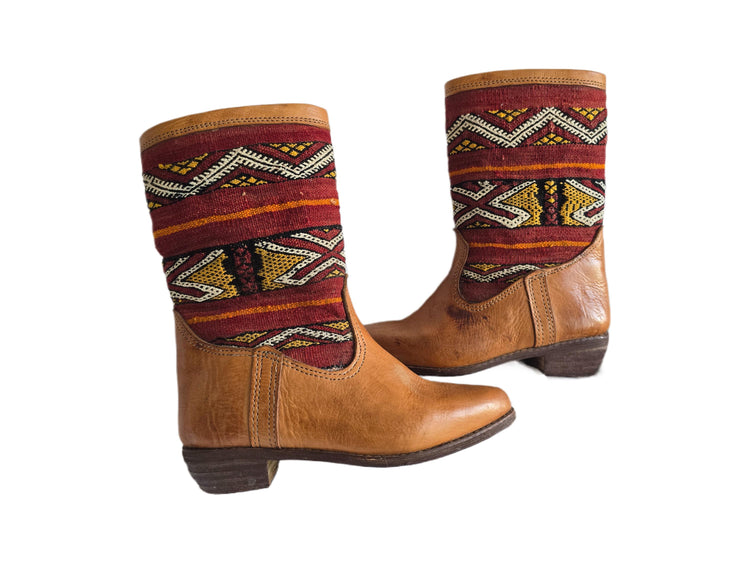 Moroccan Kilim Rug Western Boots UK 7, Tan Leather Booties 41, Upcycled Vintage Aztec Carpet, Festival Hippie Shoes Women