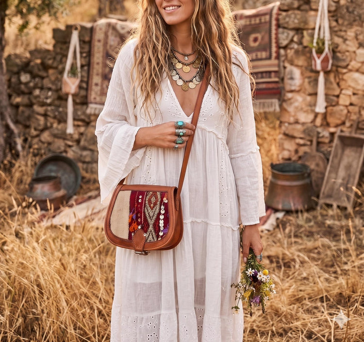 Vintage Boho Leather Saddle Bag, Moroccan Kilim Shoulder Bag Handmade 1970s Style Mini Crossbody Purse, Tan Brown Leather Festival Bag
