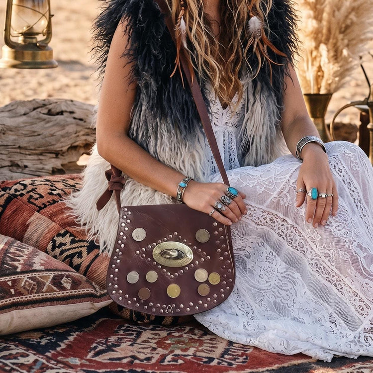 Moroccan Leather Crossbody Bag, Coin Studded Boho Purse, Tribal Festival Saddle Bag, Ibiza Hippie Leather Handbag, Artisan Shoulder Bag
