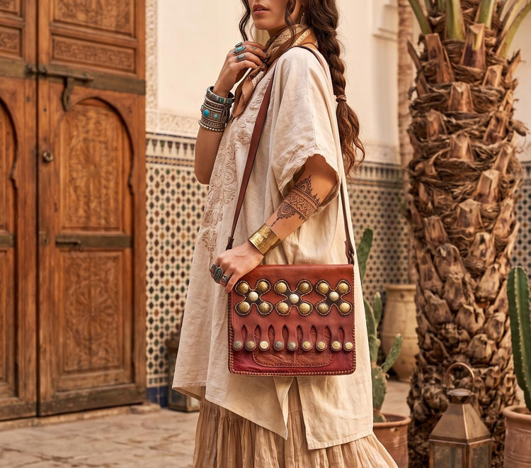 Unique Moroccan Gypsy Coins Leather Bag, Large Crossbody Purse, Artisan Berber Crafts
