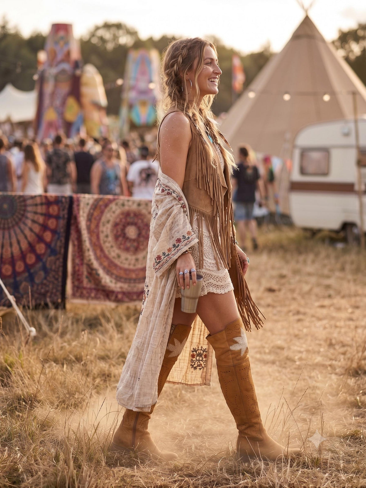 Embroidered Over-the-Knee Leather Boots: Boho Hippie Festival Style (EU 37 / UK 4 / US 6)
