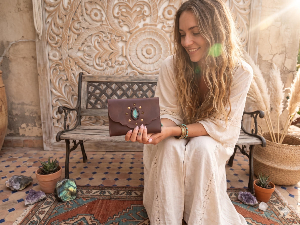 Large Leather Wallet Women with Labradorite Stone, Boho Leather Clutch, Unique Womens Wallet, Handmade Leather Purse, Healing Crystals