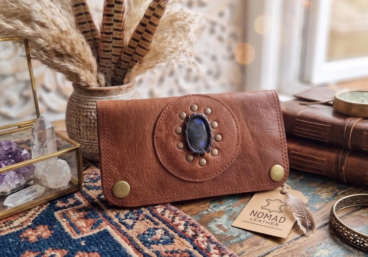 Labradorite Leather Tobacco Pouch, Small Clutch Wallet, Boho Tobacco Case, Weed Smoking Kit, Handmade Travel Organiser