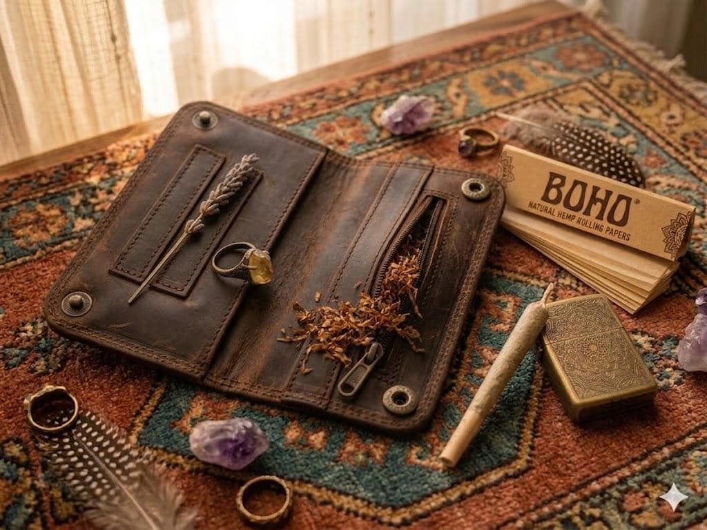 Mini Leather Wallet,  Tobacco Case, Weed Smoking Kit, Travel Organiser Pouch, Small Labradorite Stone Purse, Cigarette Holder