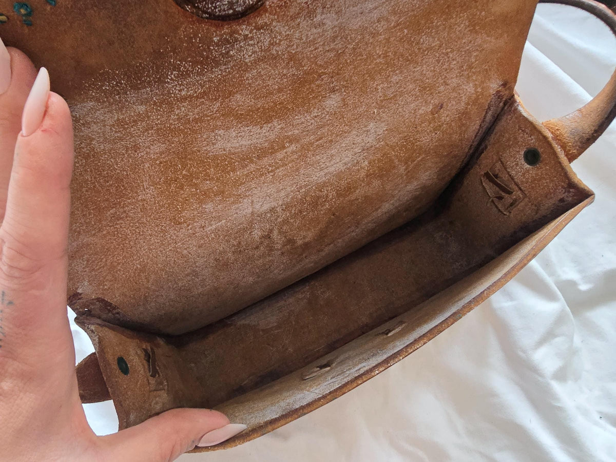 Rare Vintage Polish Folk Leather Bag / Tooled Floral Crossbody Satchel Boho Hippie Fringe Purse Tan Brown Folklore Handbag