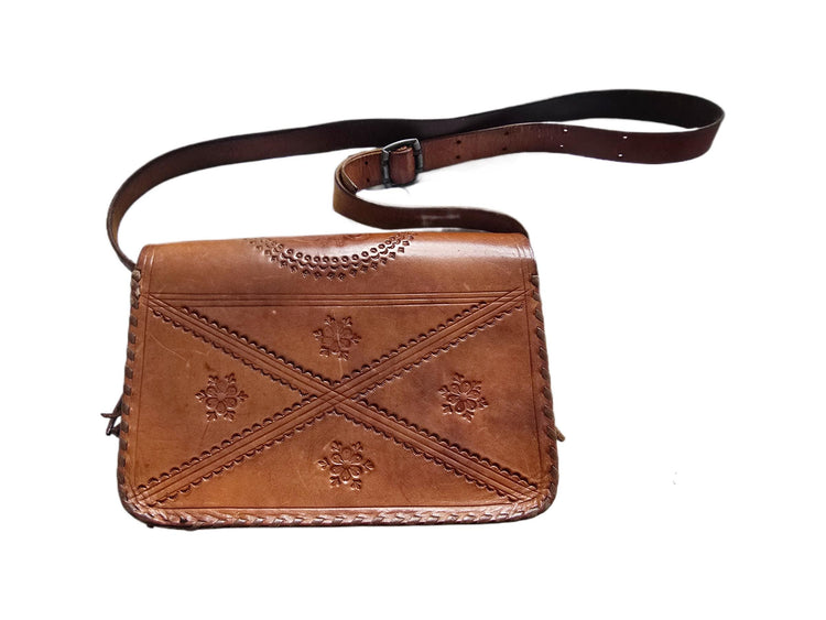 Rare Vintage Polish Folk Leather Bag / Tooled Floral Crossbody Satchel Boho Hippie Fringe Purse Tan Brown Folklore Handbag