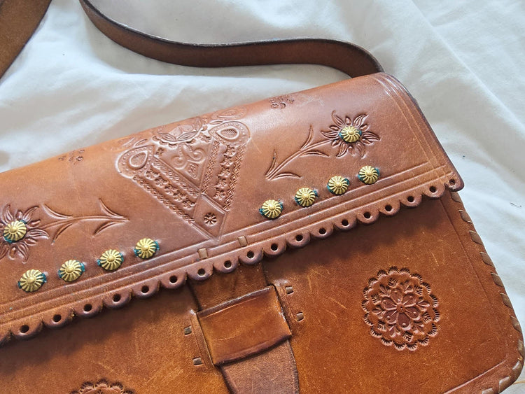 Rare Vintage Polish Folk Leather Bag / Tooled Floral Crossbody Satchel Boho Hippie Fringe Purse Tan Brown Folklore Handbag
