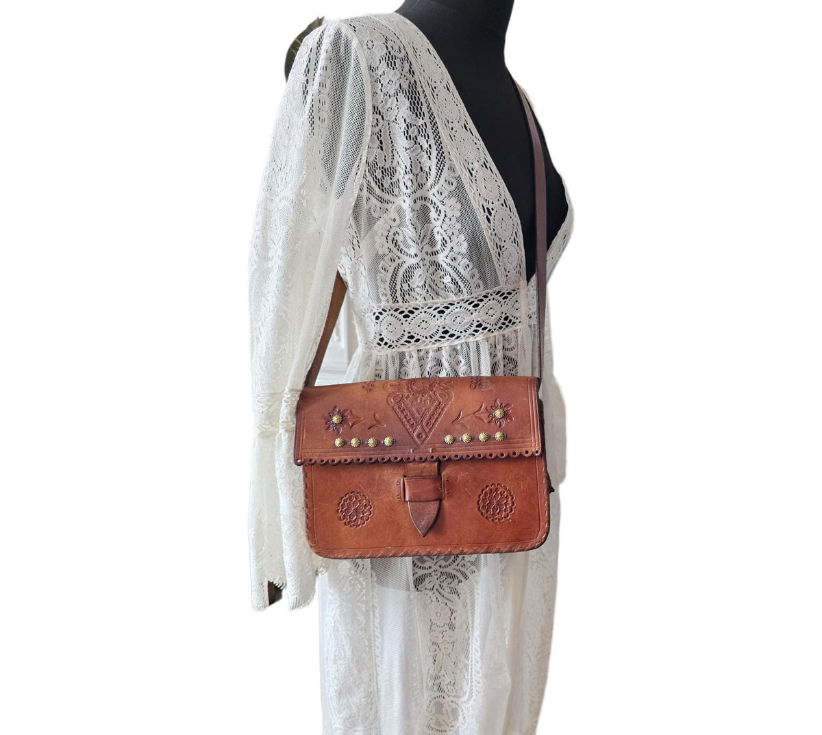 Rare Vintage Polish Folk Leather Bag / Tooled Floral Crossbody Satchel Boho Hippie Fringe Purse Tan Brown Folklore Handbag