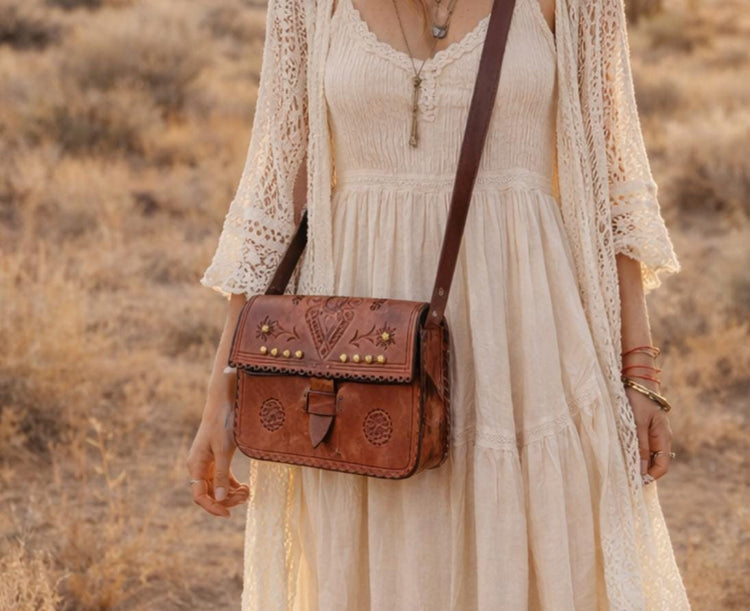 Rare Vintage Polish Folk Leather Bag / Tooled Floral Crossbody Satchel Boho Hippie Fringe Purse Tan Brown Folklore Handbag