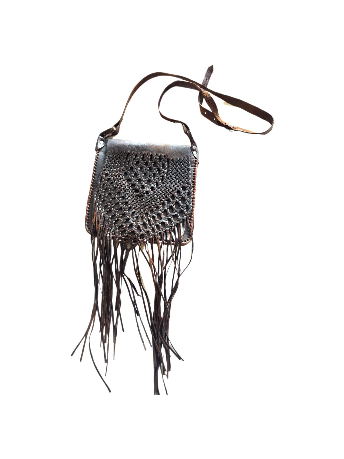 Vintage Dark Brown Braided Leather Fringe Bag / Boho Western Crossbody Purse Hippie Tassel Shoulder Bag