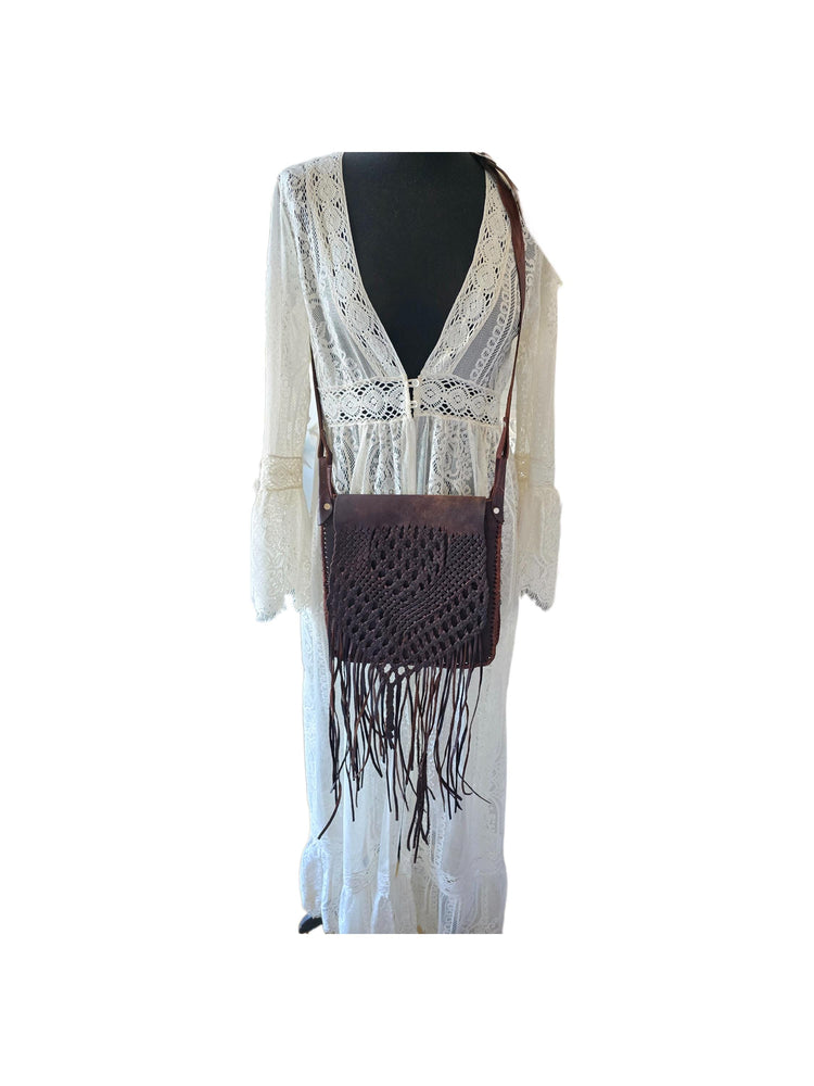 Vintage Dark Brown Braided Leather Fringe Bag / Boho Western Crossbody Purse Hippie Tassel Shoulder Bag