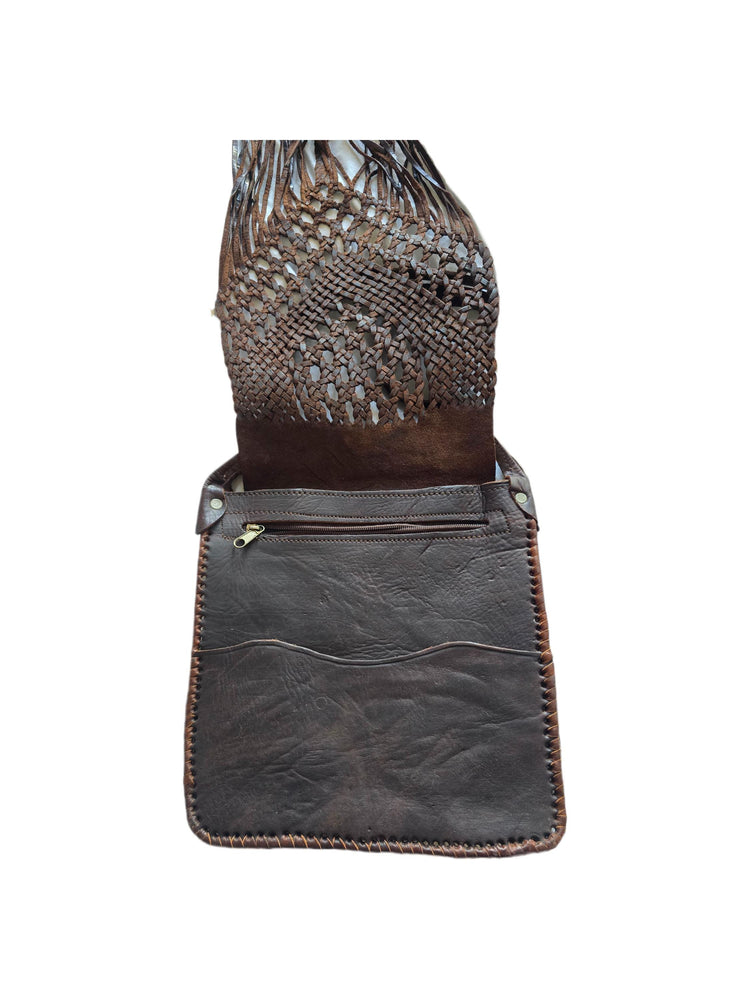 Vintage Dark Brown Braided Leather Fringe Bag / Boho Western Crossbody Purse Hippie Tassel Shoulder Bag