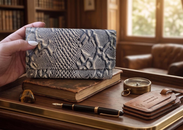 Embossed Snake Print Leather Wallet: Zippered Bifold Clutch