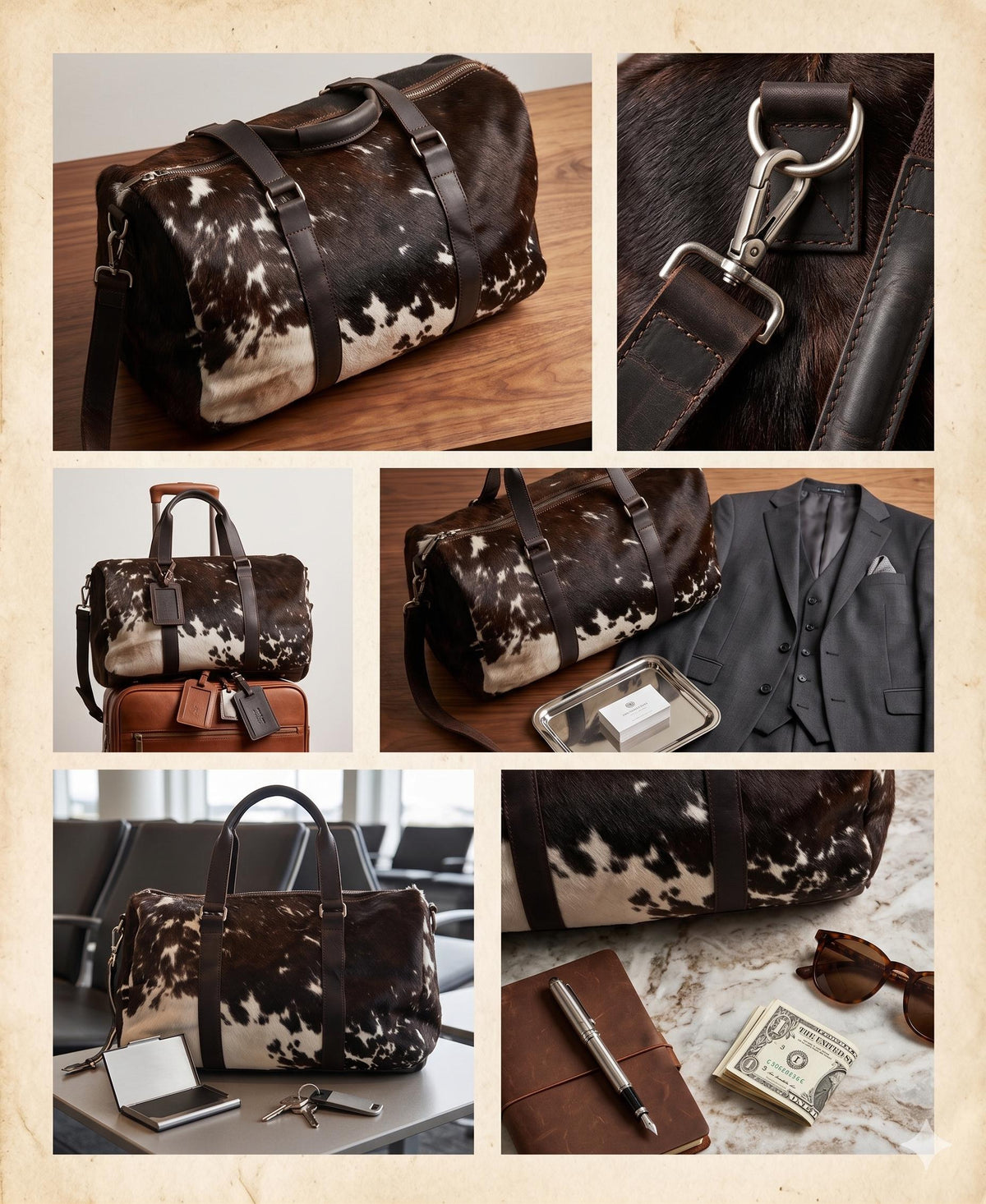 Cowhide Leather Weekender Bag: Medium Duffle, Adjustable Strap