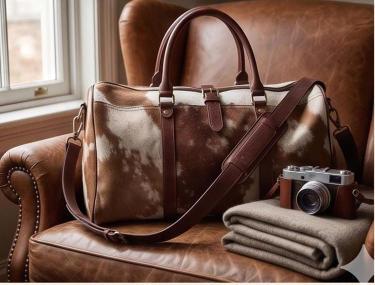Cowhide Leather Duffle Bag for Men & Women, Large Western Weekender Travel Bag Overnight Carry On