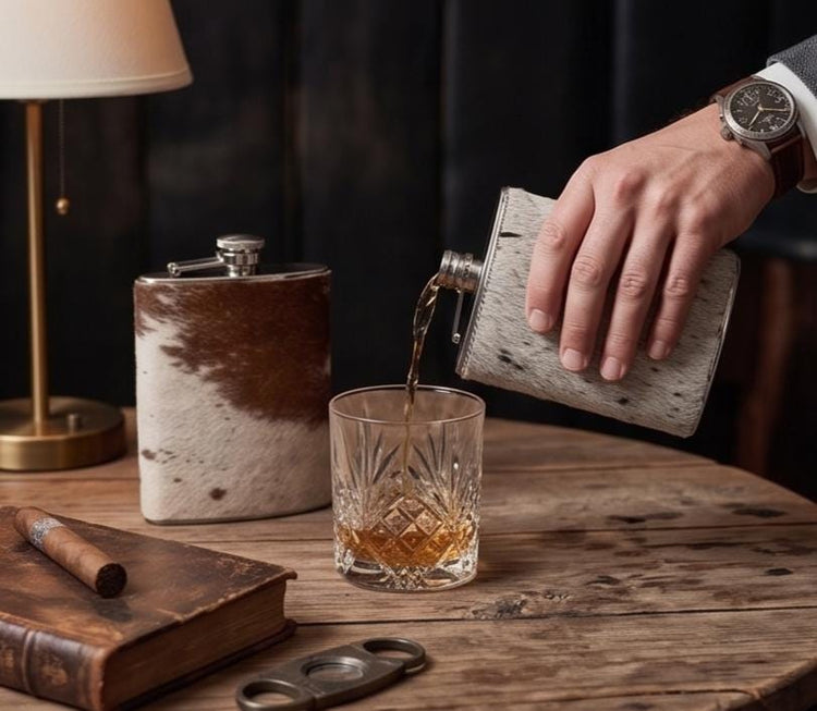 Cowhide Leather Hip Flask / Western Whisky Flask Rustic Groomsmen Gift Stainless Steel Pocket Flask 8oz