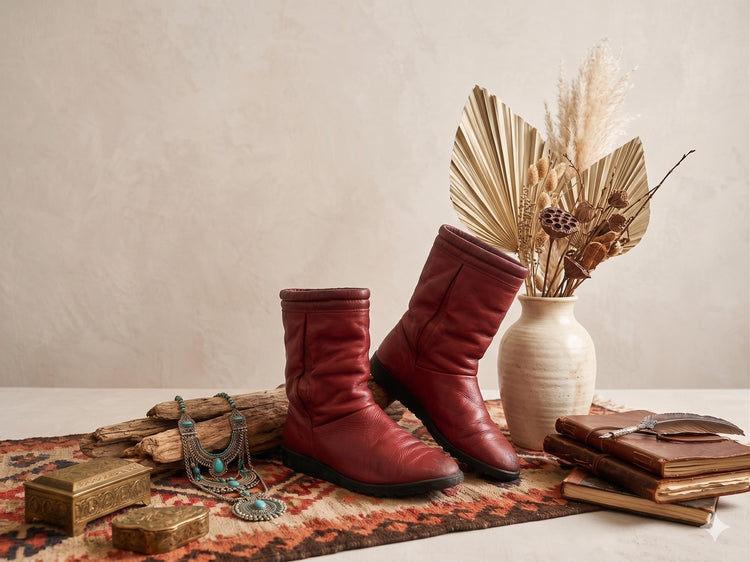 Burgundy Red Leather Winter Boots: Vintage 70s Shearling Lined, UK 6