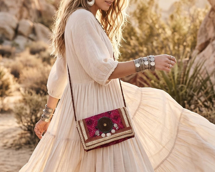Boho Banjara Leather Crossbody Bag / Tribal Festival Purse Hippie Coin Mirror Shoulder Bag