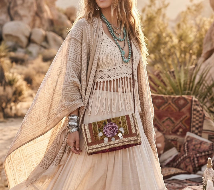 Boho Crossbody Bag Leather Festival Purse / Tribal Hippie Shoulder Bag Ethnic Banjara Handbag