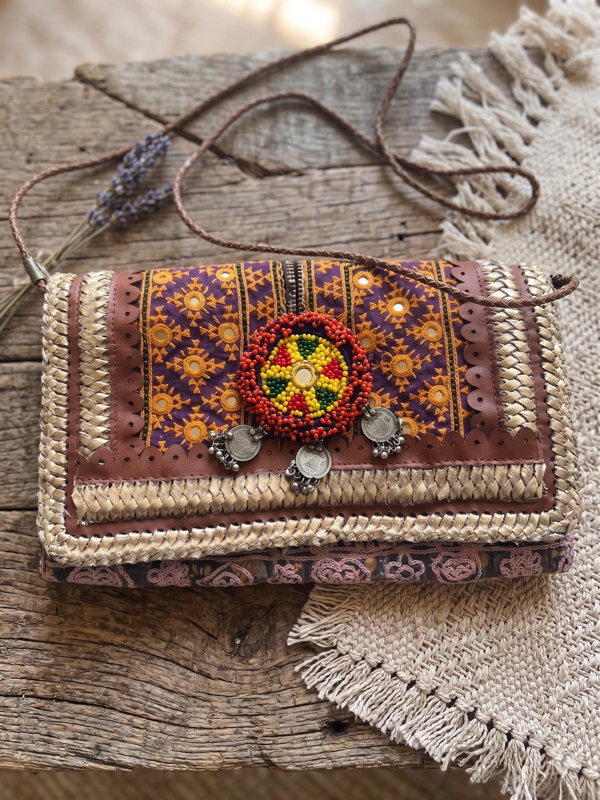 Small Boho Leather Crossbody Bag / Banjara Gypsy Purse Tribal Beaded Festival Satchel Kuchi Hippie Handbag