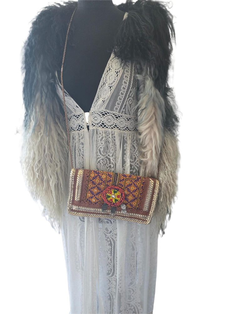 Small Boho Leather Crossbody Bag / Banjara Gypsy Purse Tribal Beaded Festival Satchel Kuchi Hippie Handbag