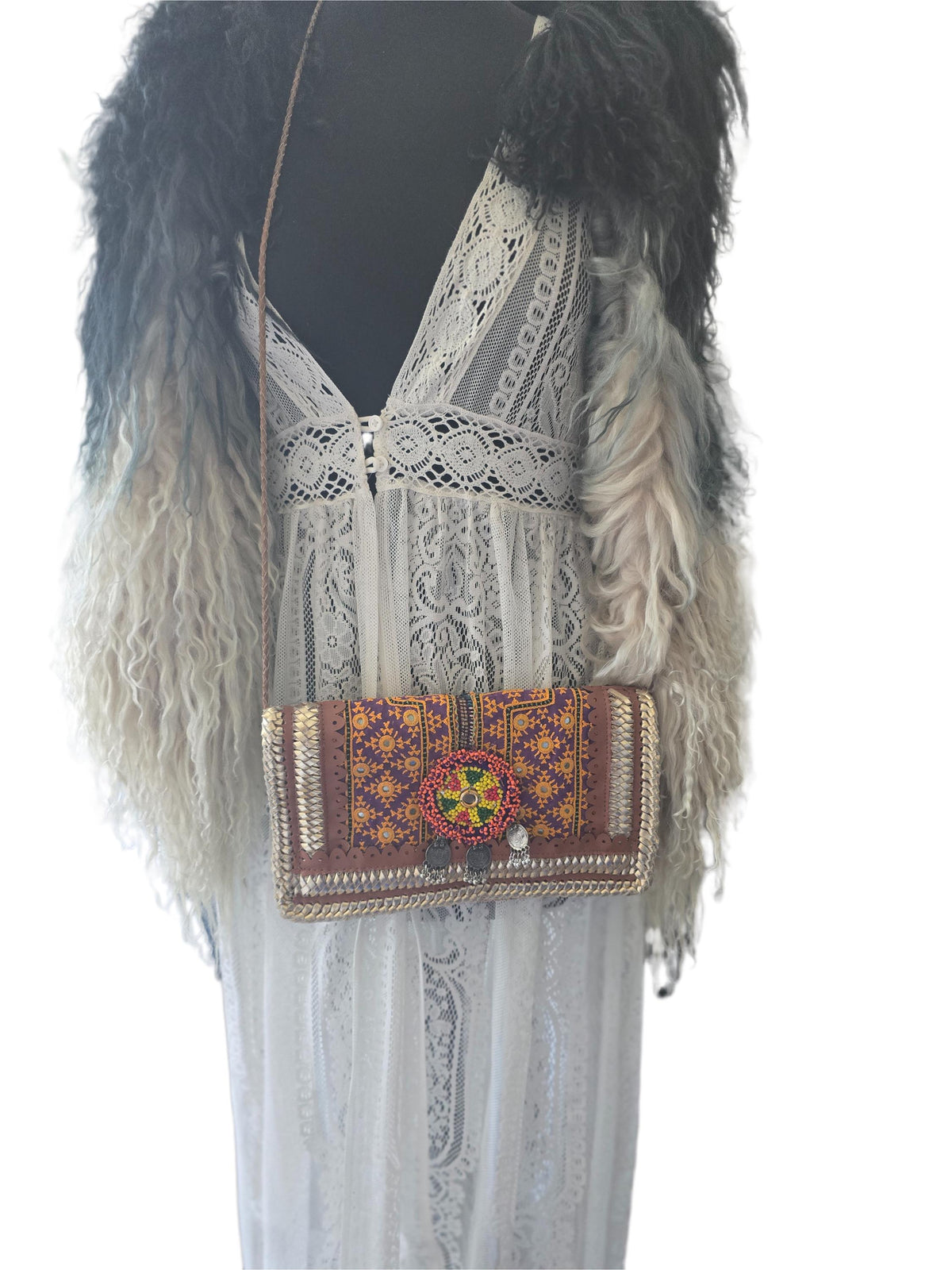 Small Boho Leather Crossbody Bag / Banjara Gypsy Purse Tribal Beaded Festival Satchel Kuchi Hippie Handbag