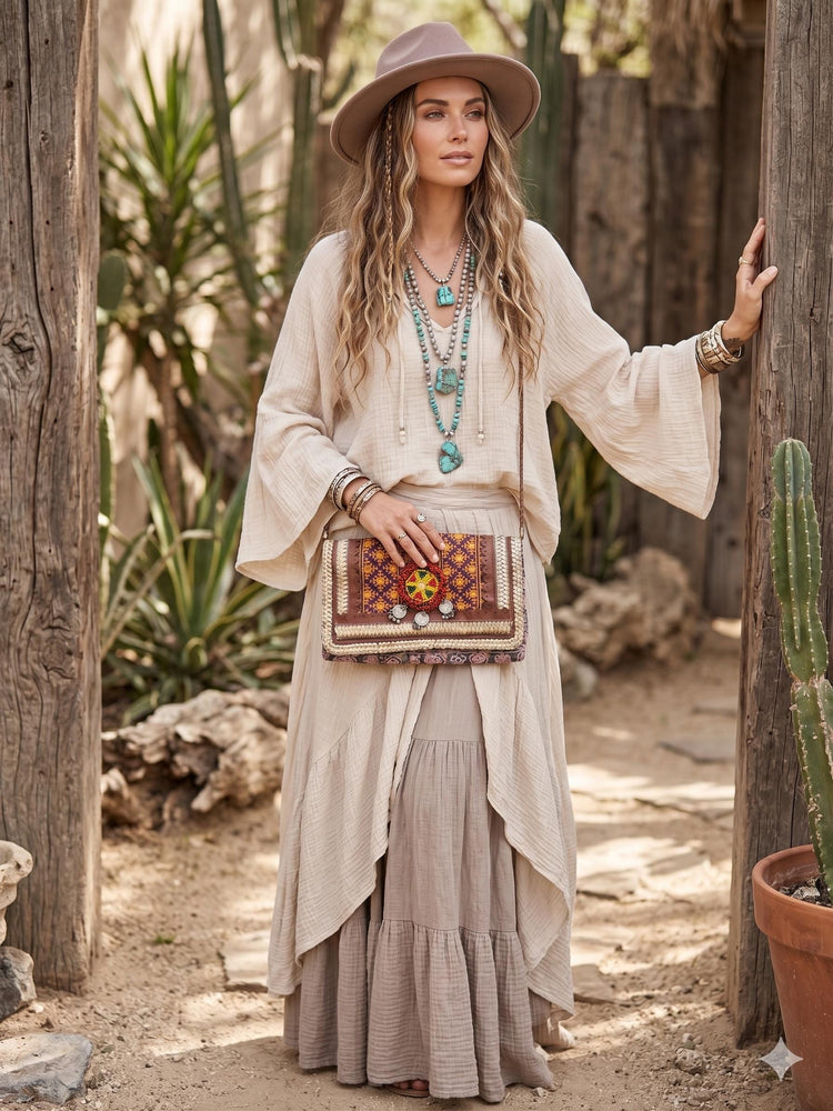 Small Boho Leather Crossbody Bag / Banjara Gypsy Purse Tribal Beaded Festival Satchel Kuchi Hippie Handbag