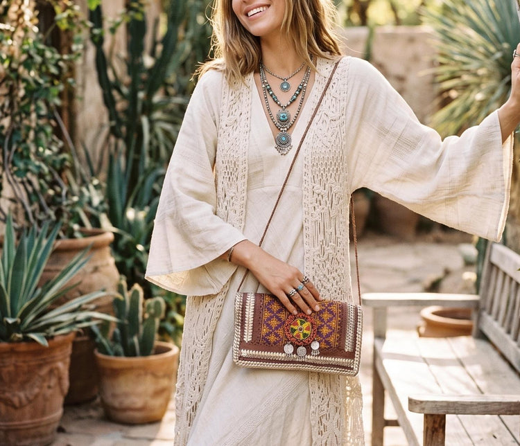 Small Boho Leather Crossbody Bag / Banjara Gypsy Purse Tribal Beaded Festival Satchel Kuchi Hippie Handbag