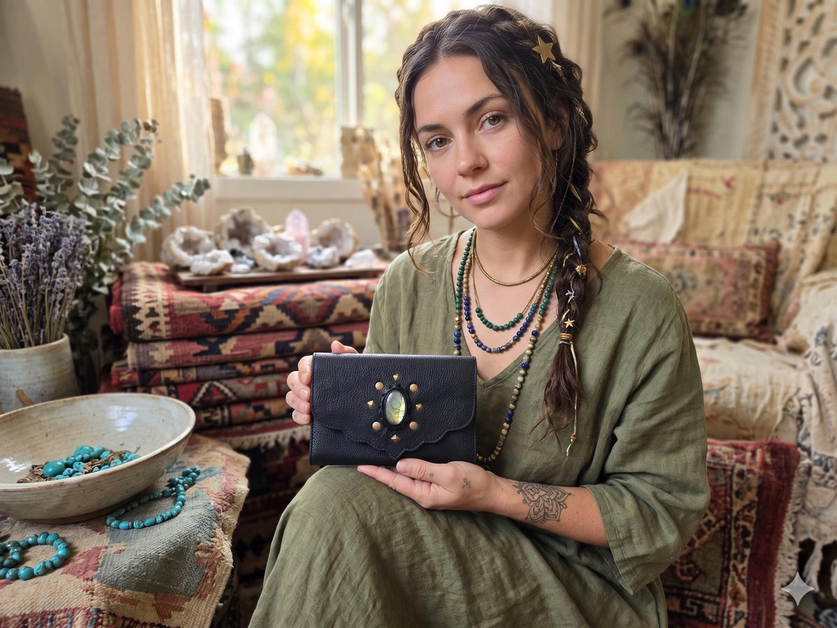 Large Trifold Leather Wallet Women with Labradorite Stone, Full Grain Leather Purse, Boho Coin Wallet, Unique Gift for Her