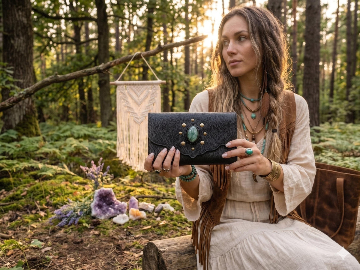 Large Trifold Leather Wallet Women with Labradorite Stone, Full Grain Leather Purse, Boho Coin Wallet, Unique Gift for Her