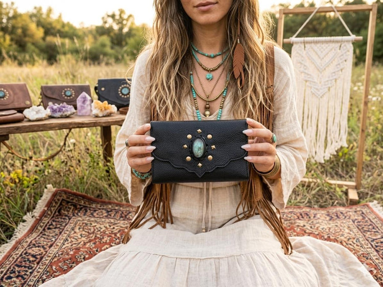 Large Trifold Leather Wallet Women with Labradorite Stone, Full Grain Leather Purse, Boho Coin Wallet, Unique Gift for Her