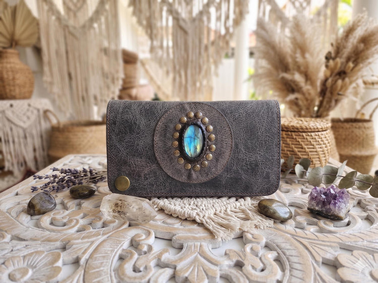 Mini Leather Wallet,  Tobacco Case, Weed Smoking Kit, Travel Organiser Pouch, Small Labradorite Stone Purse, Cigarette Holder