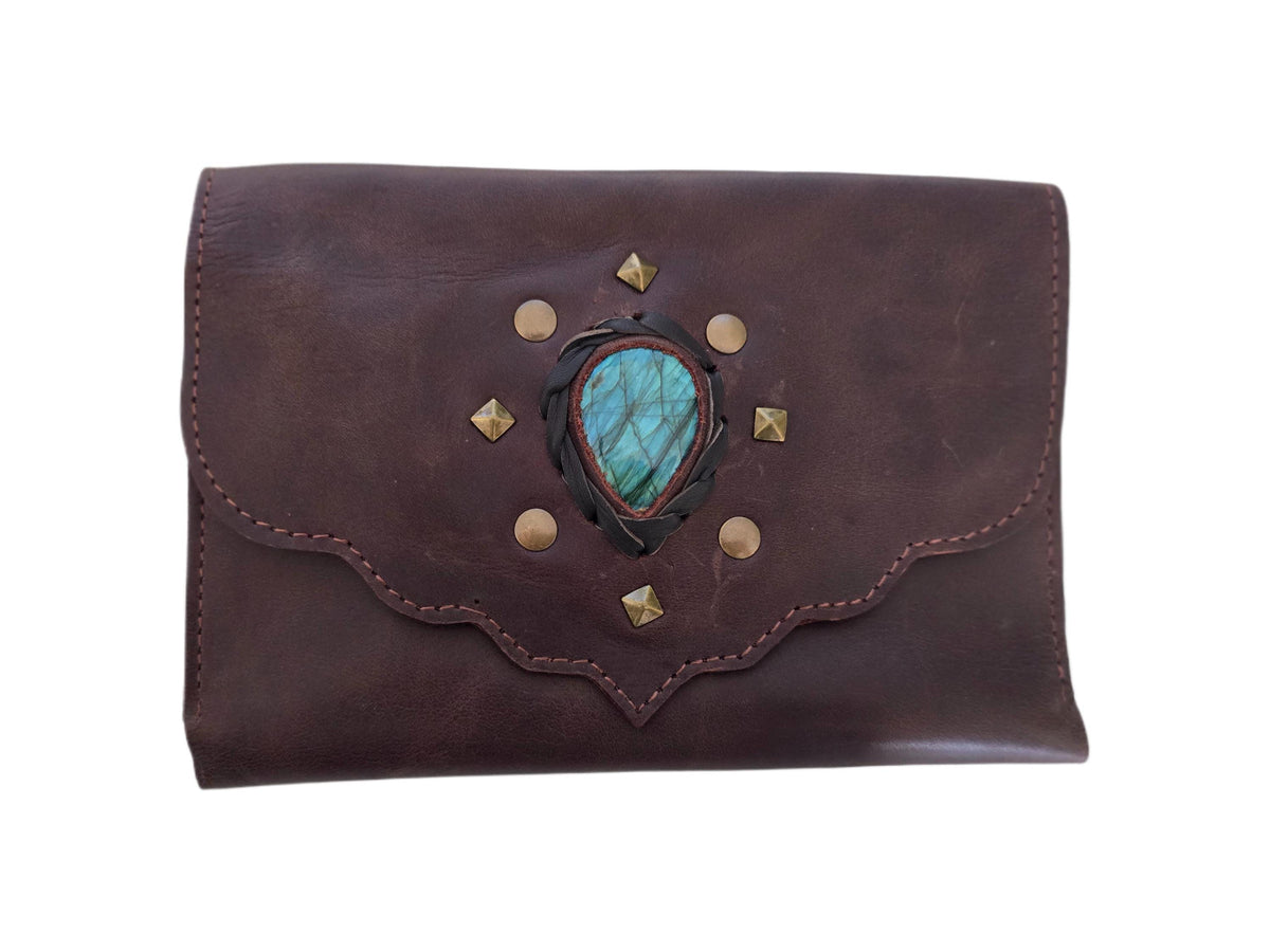 Large Leather Wallet Women with Labradorite Stone, Boho Leather Clutch, Unique Womens Wallet, Handmade Leather Purse, Healing Crystals