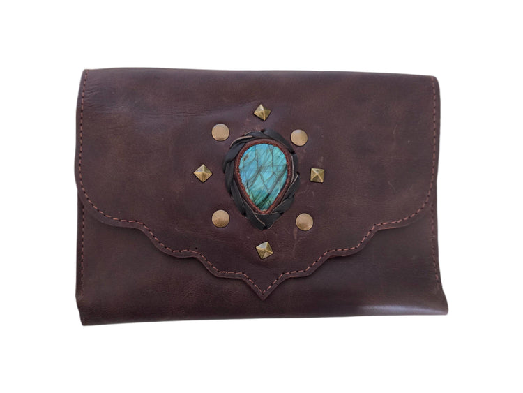 Large Leather Wallet Women with Labradorite Stone, Boho Leather Clutch, Unique Womens Wallet, Handmade Leather Purse, Healing Crystals