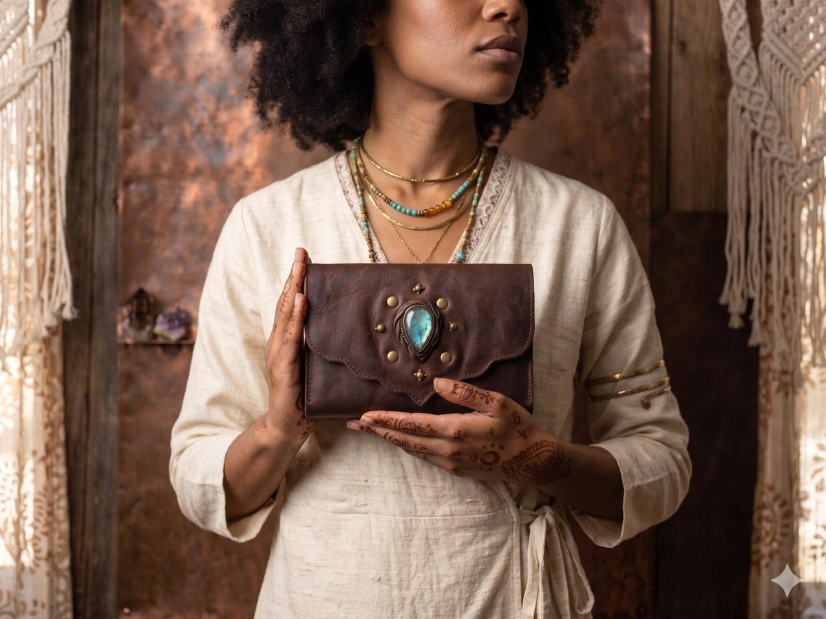 Large Leather Wallet Women with Labradorite Stone, Boho Leather Clutch, Unique Womens Wallet, Handmade Leather Purse, Healing Crystals