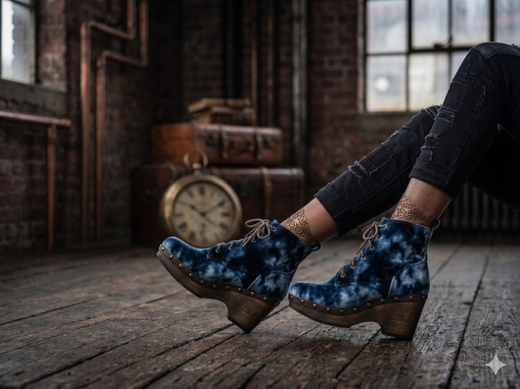 Opening Ceremony Blue Velvet Wodden Clogs Boots, Steampunk Lace Up Ankle Boots, Grunge Festival Shoes Women