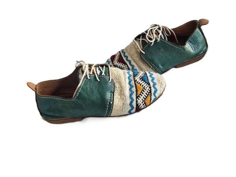 Moroccan Kilim Rug Oxfords UK 5, Boho Leather Lace Up Shoes 38, Handmade Festival Flats, Upcycled Aztec Carpet Blanket, Bohemian Footwear