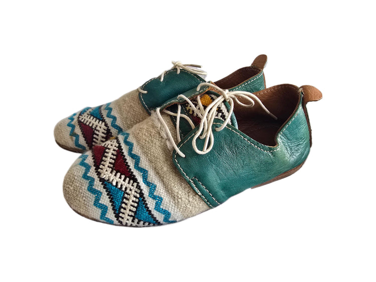 Moroccan Kilim Rug Oxfords UK 5, Boho Leather Lace Up Shoes 38, Handmade Festival Flats, Upcycled Aztec Carpet Blanket, Bohemian Footwear