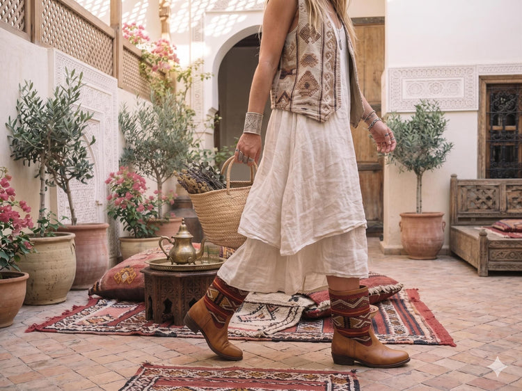Moroccan Kilim Rug Western Boots UK 7, Tan Leather Booties 41, Upcycled Vintage Aztec Carpet, Festival Hippie Shoes Women
