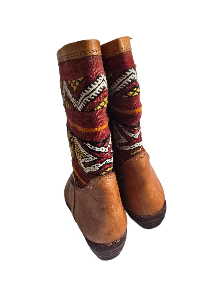 Moroccan Kilim Rug Western Boots UK 7, Tan Leather Booties 41, Upcycled Vintage Aztec Carpet, Festival Hippie Shoes Women