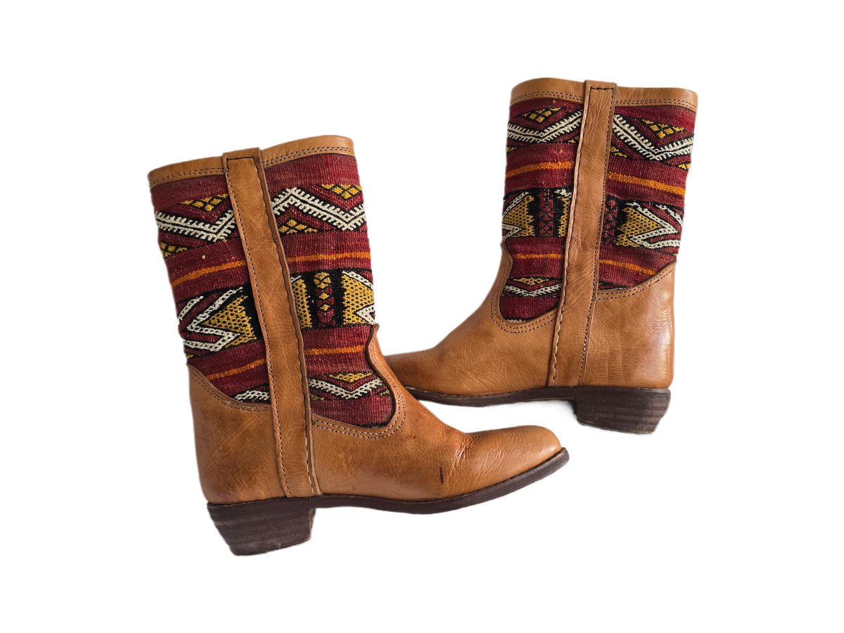 Moroccan Kilim Rug Western Boots UK 7, Tan Leather Booties 41, Upcycled Vintage Aztec Carpet, Festival Hippie Shoes Women