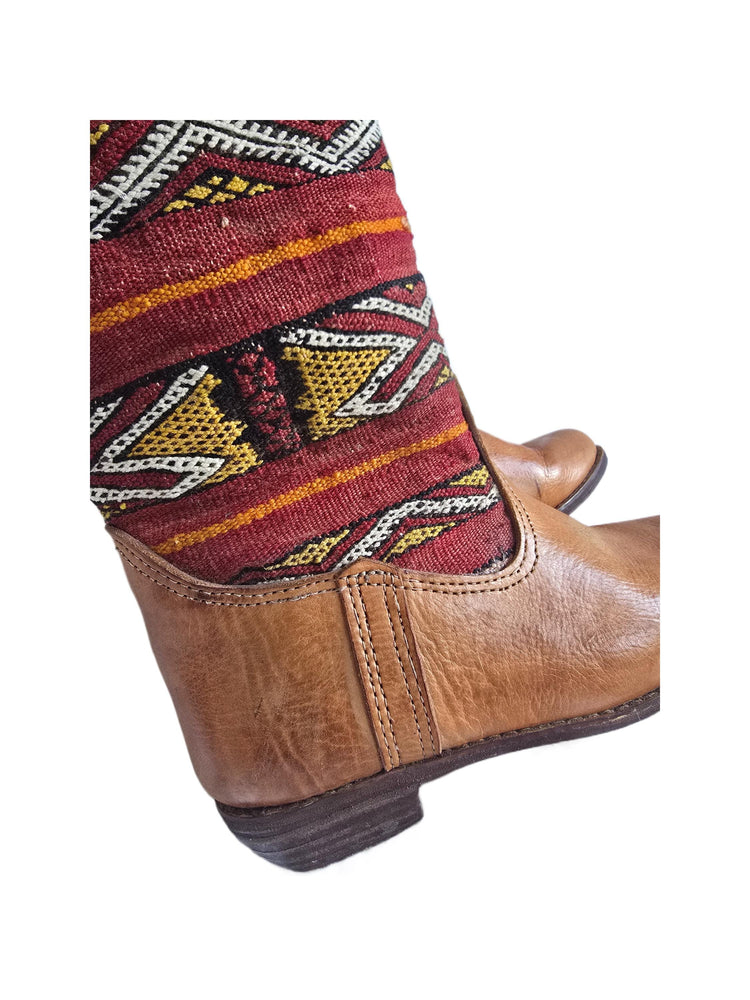 Moroccan Kilim Rug Western Boots UK 7, Tan Leather Booties 41, Upcycled Vintage Aztec Carpet, Festival Hippie Shoes Women