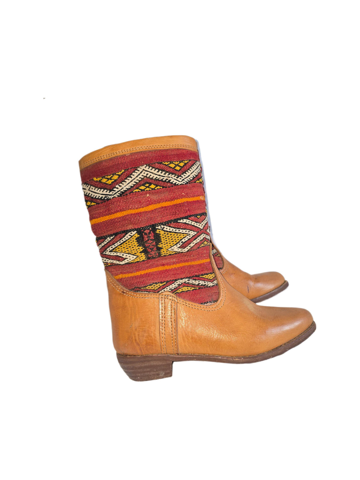 Moroccan Kilim Rug Western Boots UK 7, Tan Leather Booties 41, Upcycled Vintage Aztec Carpet, Festival Hippie Shoes Women