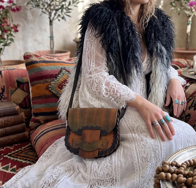 Small Leather Shoulder Bag, Boho Purse, Mini Festival Bag, Tan Brown Hippie Handbag, Vintage Saddle Bag